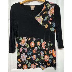 CHOICES Black Liquid Knit Floral Print 3/4 Sleeve V Neck Top Women's Size L